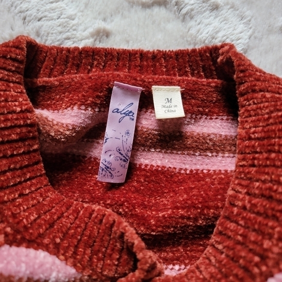 Francescas Alya Lindsay Striped Chenille Soft Fall Red Yellow Hem Sweater Size M - Picture 9 of 12